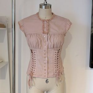 Vintage Y2K Moda International Button Front Corduroy Top W/ Lace-up Detail